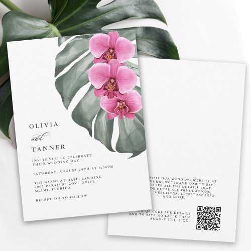 Hot Pink Orchids Tropical Wedding with QR code Invitation