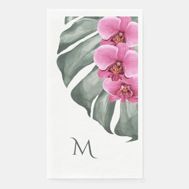 Hot Pink Orchids Tropical with Monogram Initial Paper Guest Towels (Front)