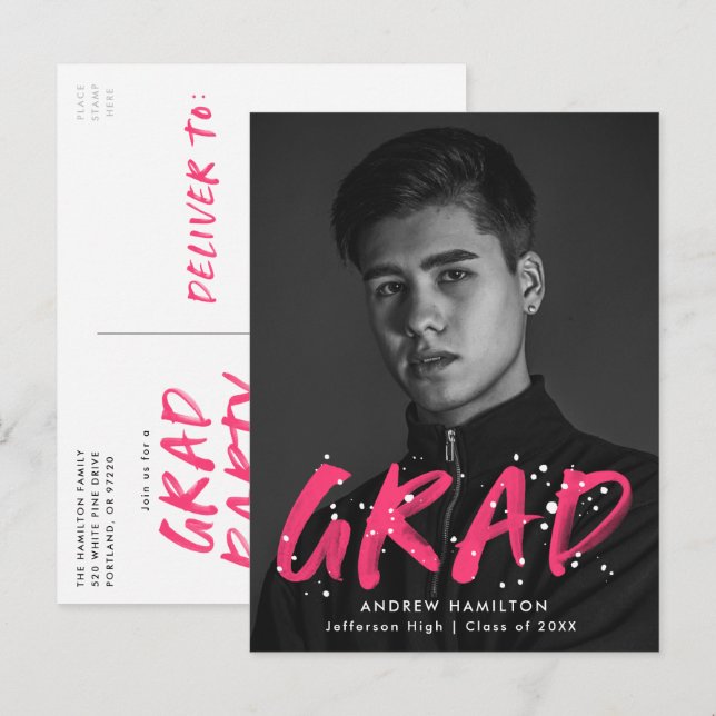 Hot Pink Paint Splatter Photo Graduation Party Invitation Postcard (Front/Back)