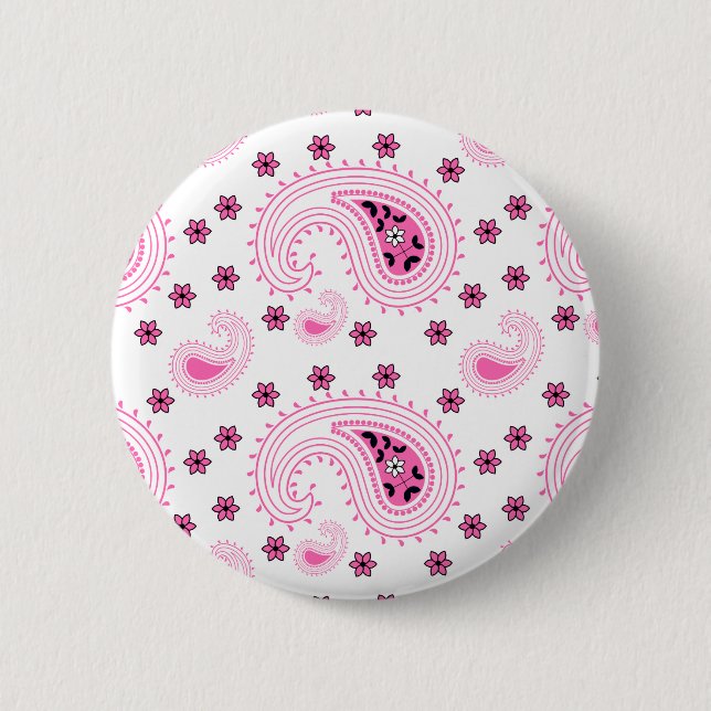 Hot Pink Paisley and Flowers Pattern Pinback Button (Front)