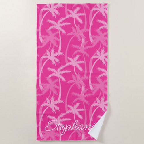 Hot Pink Palm Tree Magenta Fuchsia Monogrammed Beach Towel