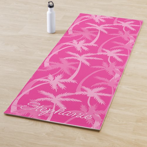 Hot Pink Palm Tree Magenta Fuchsia Monogrammed Yoga Mat
