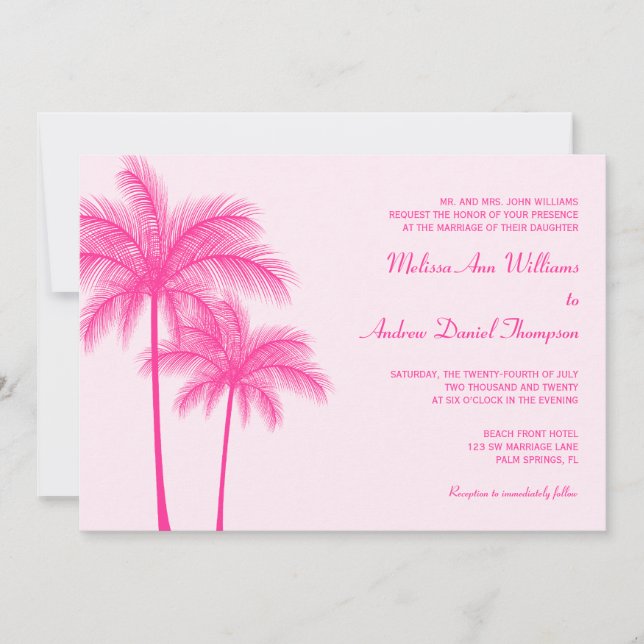 Hot Pink Palm Tree Tropical Wedding Invitation (Front)