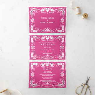 Hot pink papel picado love birds wedding Tri-Fold invitation