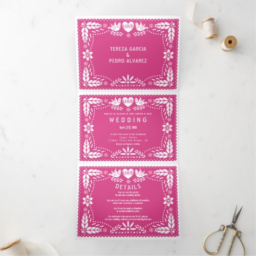 Hot pink papel picado love birds wedding Tri_Fold invitation