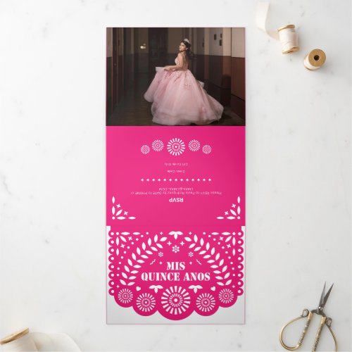 Hot Pink Papel Picado Mis Quince Aos Tri_Fold Invitation