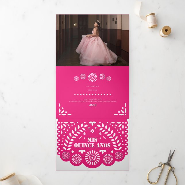 Hot Pink Papel Picado Mis Quince Años Tri-Fold Invitation (Outside)