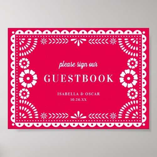 Hot Pink Papel Picado Wedding Guestbook Sign