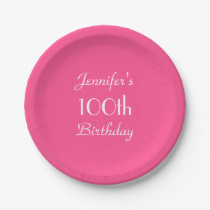Hot Pink Paper Plates, 100th Birthday Party Plates