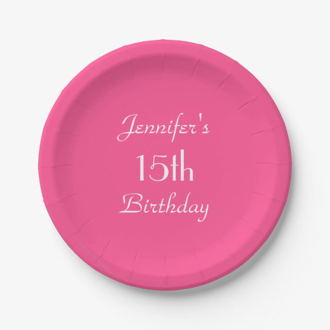 Hot Pink Paper Plates, 15th Birthday Party Paper Plates (Front)