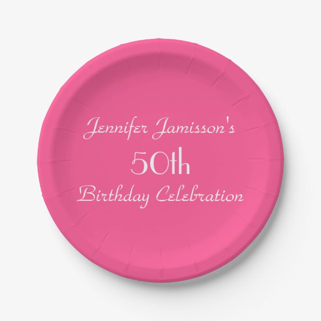 Hot Pink Paper Plates, 50th Birthday Party Plates (Front)