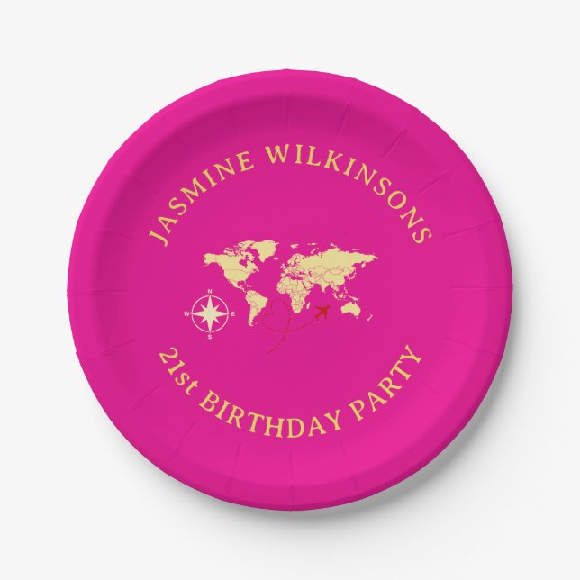 Hot Pink Passport Style 21st Birthday Party  Paper Plates (Front)