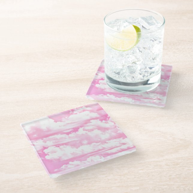 Hot Pink Pastel Clouds Glass Coaster (Angled)