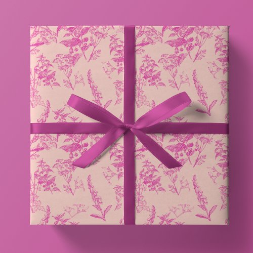 Hot Pink  Pastel Pink Bright Wildflower Wrapping Paper Sheets
