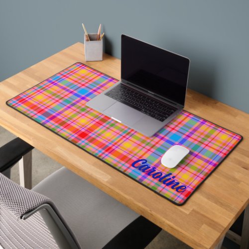 Hot Pink Pastel Plaid Personalized Desk Mat