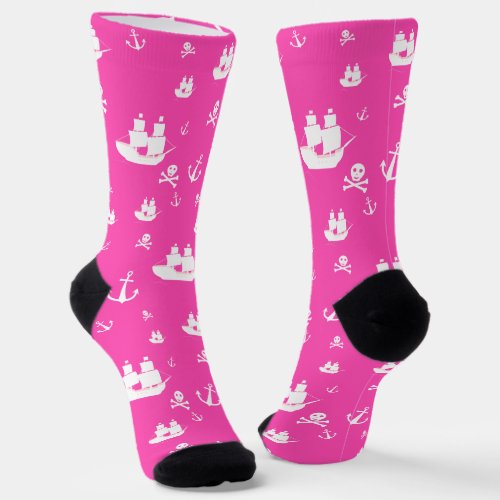Hot Pink Pattern Ship Anchor Pirate Socks