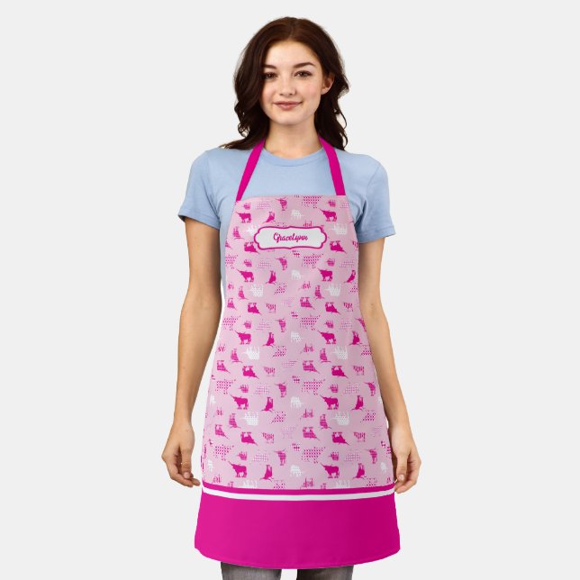 Hot Pink Patterned Longhorns Pattern Apron (Worn)