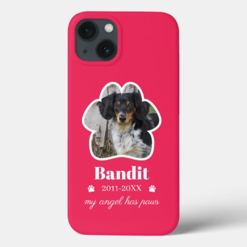 Hot Pink Paw Frame Pet Photo Add Name Memorial iPhone 13 Case