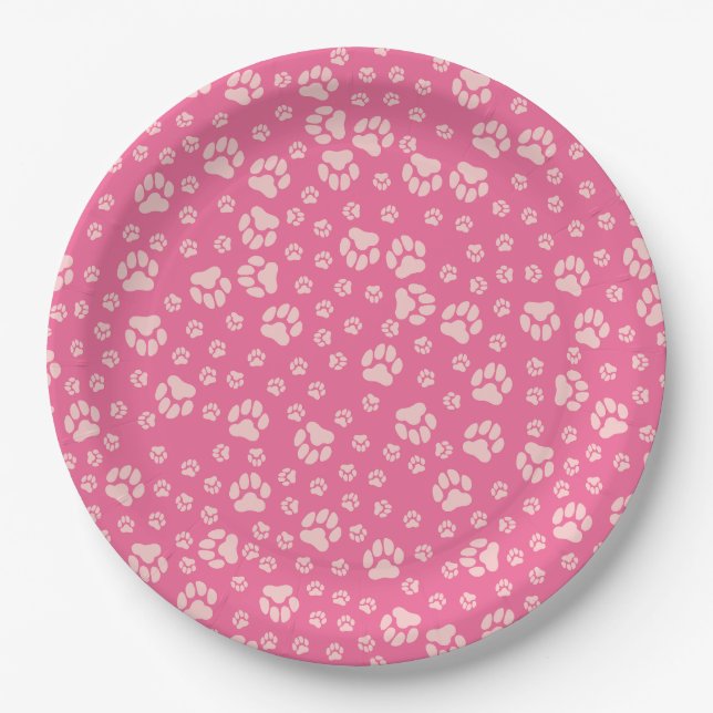 Hot Pink Paw Print Paper Plates (Front)
