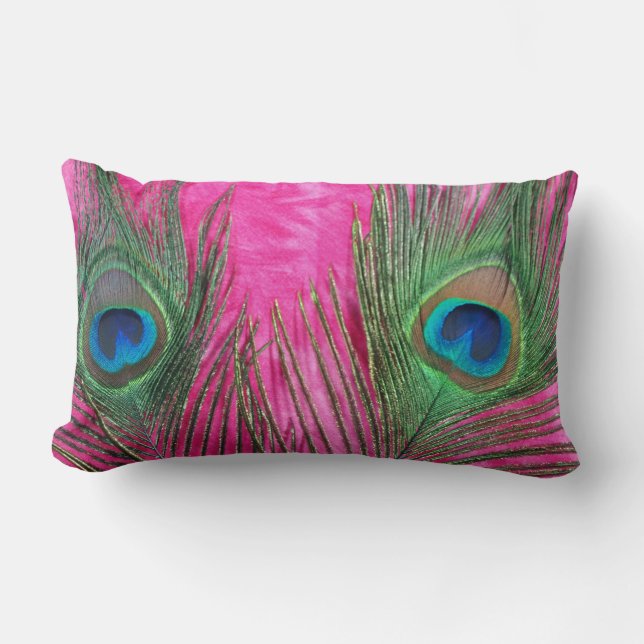 Hot Pink Peacock Feathers Lumbar Pillow (Front)