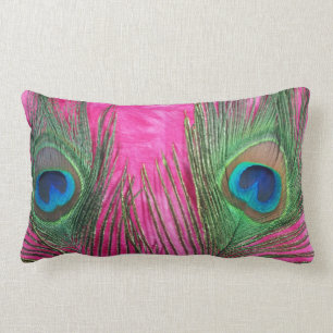 Hot Pink Peacock Feathers Lumbar Pillow