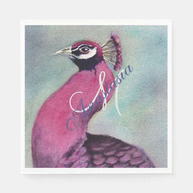 HOT PINK PEACOCK MONOGRAM PARTY NAPKINS (Front)