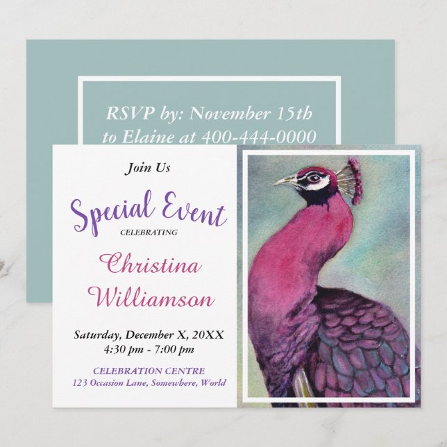HOT PINK PEACOCK PARTY EVENT INVITE (Front/Back)
