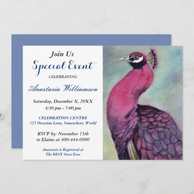 HOT PINK PEACOCK PARTY EVENT INVITE (Front/Back)