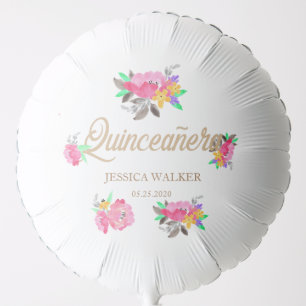Hot Pink Peonies and Gold Script Qinceanera Balloon