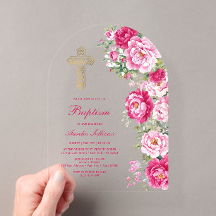Hot Pink Peonies Arch Baptism Acrylic Invitations