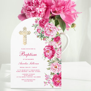 Hot Pink Peonies Arch Baptism Invitation