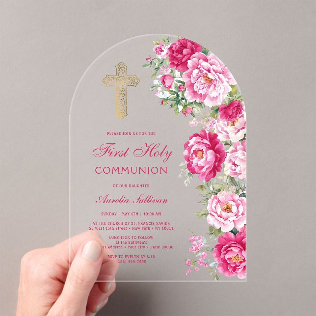 Hot Pink Peonies Arch First Communion Acrylic Invitations (Insitu (Handheld))