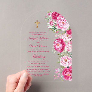 Hot Pink Peonies Arch Religious Wedding Acrylic Invitations