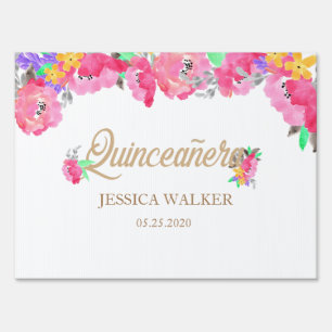 Hot Pink Peonies Quinceanera Welcome Yard Sign