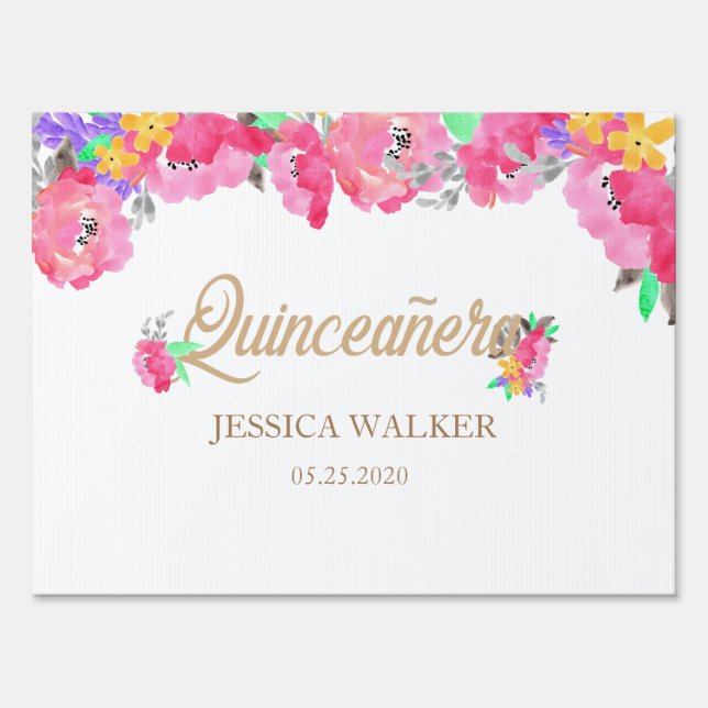 Hot Pink Peonies Quinceanera Welcome Yard Sign (Front)