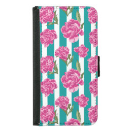 Hot Pink Peony Flowers on Teal and White Stripes Samsung Galaxy S5 Wallet Case