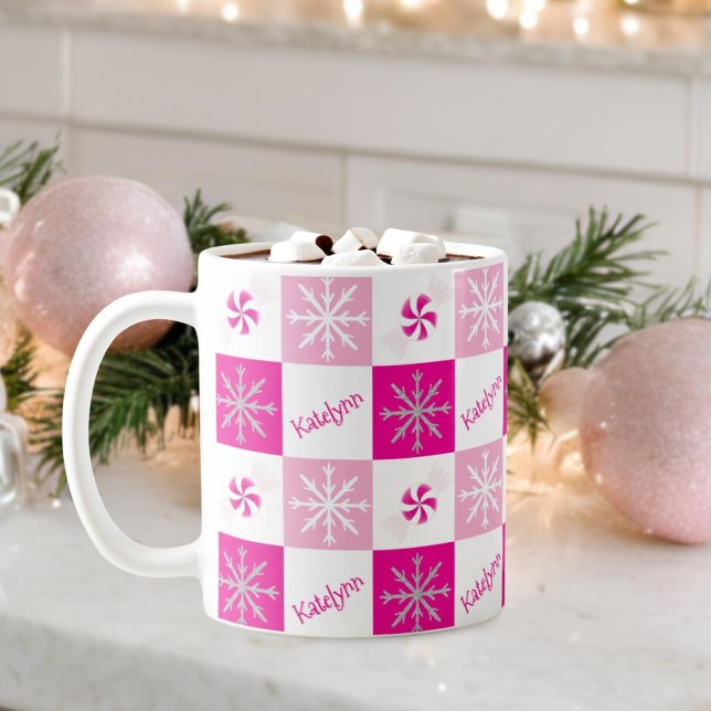 Hot Pink Peppermint Silver Snowflake Add Your Name Coffee Mug (Creator Uploaded)