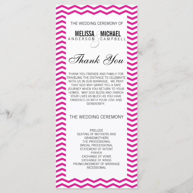 Hot Pink Perfect Chevron/Zig Zag Wedding Program (Front)