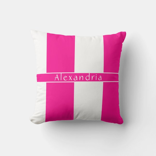 Hot Pink Personalized Chic Stripes Throw Pillow (Front)