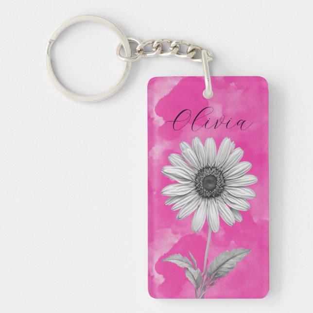 Hot Pink Personalized Daisy  Keychain (Front)