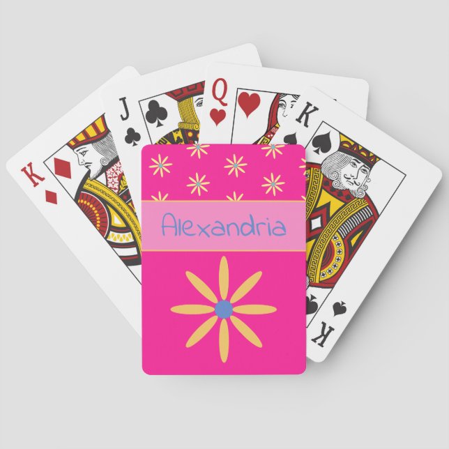 Hot Pink Personalized Floral Poker Cards (Back)