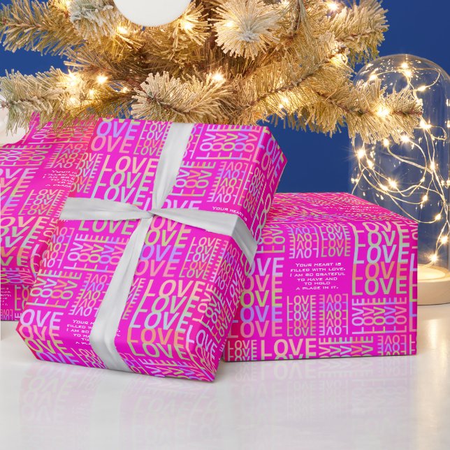 Hot Pink Personalized "LOVE" Typography Pattern  Wrapping Paper (Holidays)