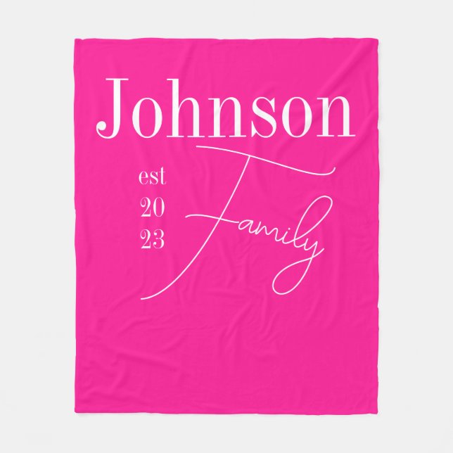 Hot Pink Personalized Modern Family Name Fleece Blanket (Front)
