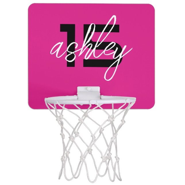 Hot Pink Personalized Player Name and Number Mini Basketball Hoop (Front)