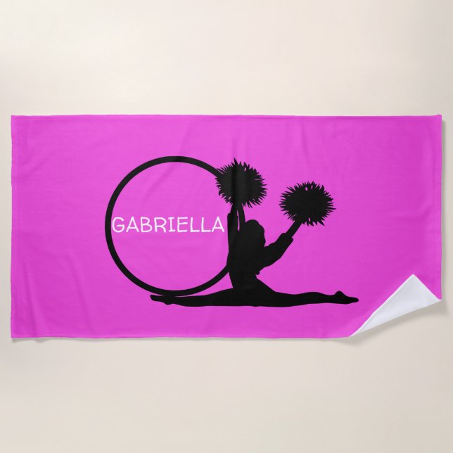 Hot Pink Personalized Silhouette Cheerleader Beach Towel (Front)
