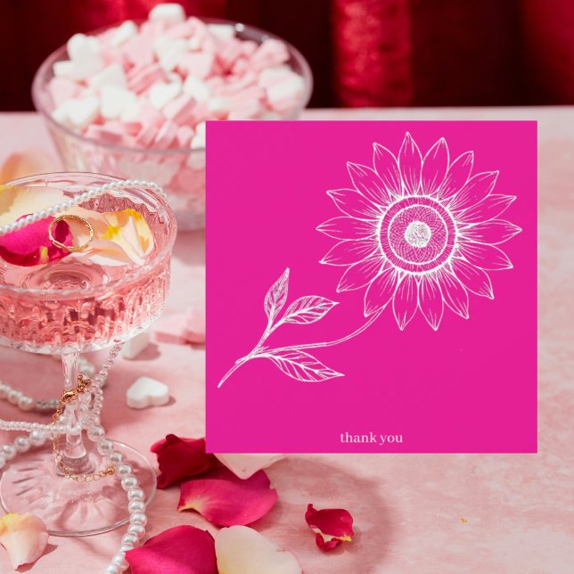 Hot Pink Personalized Square Sunflower Outline Thank You Card (Creator Uploaded)