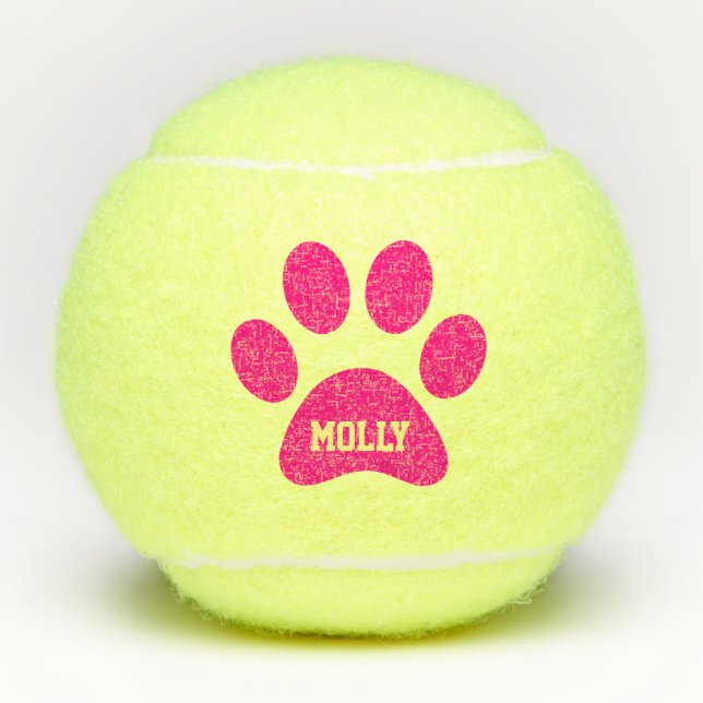 Hot Pink Pet Paw Print Personalized Name Toy Tennis Balls (Front)