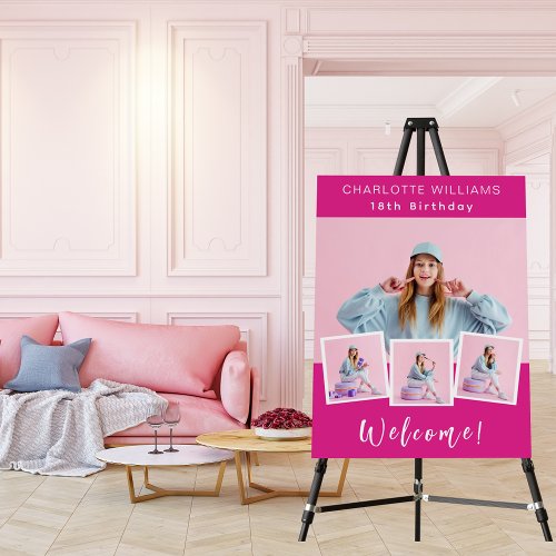 Hot pink photo collage birthday party welcome foam board