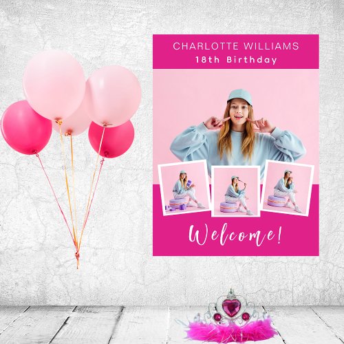 Hot pink photo collage birthday party welcome poster