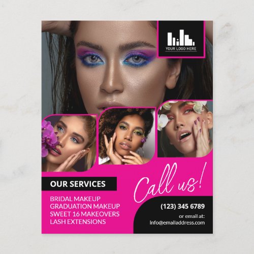 Hot Pink Photo Collage Logo QR Makeup Promotional Flyer
